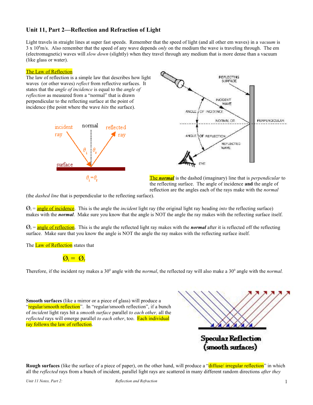 Unit 12 Part 2 Reflection and Refraction Notes