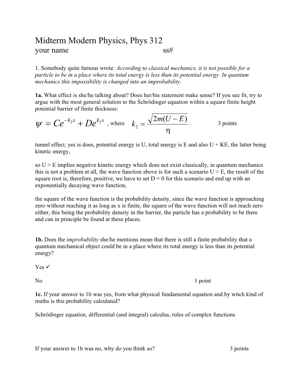 Test 1 Modern Physics, Phys 312