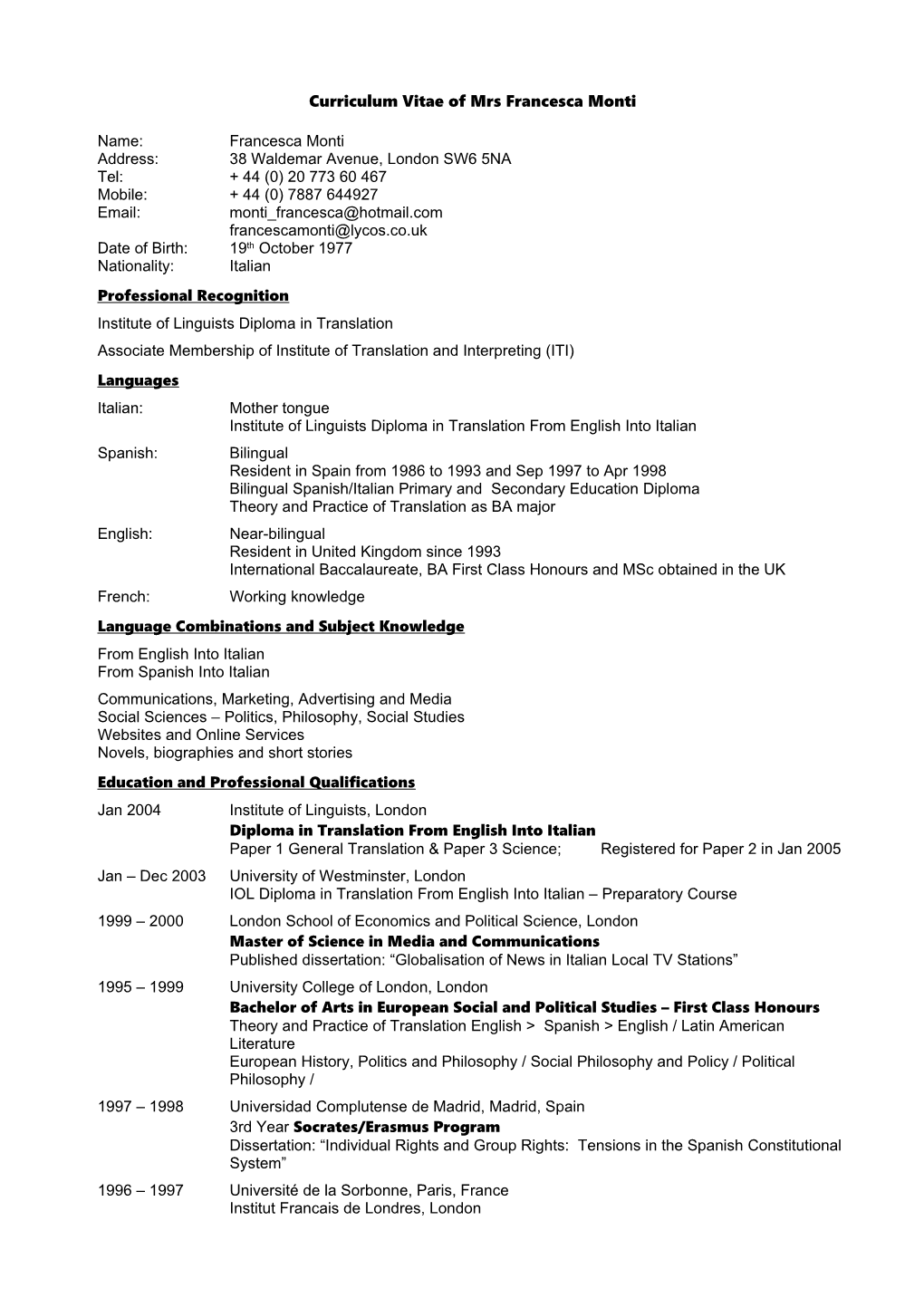 Curriculum Vitae of Mrs Francesca Monti