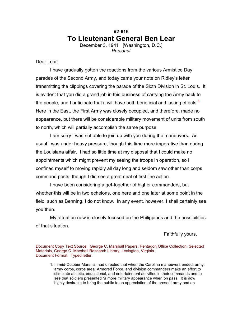 To Lieutenant General Ben Lear