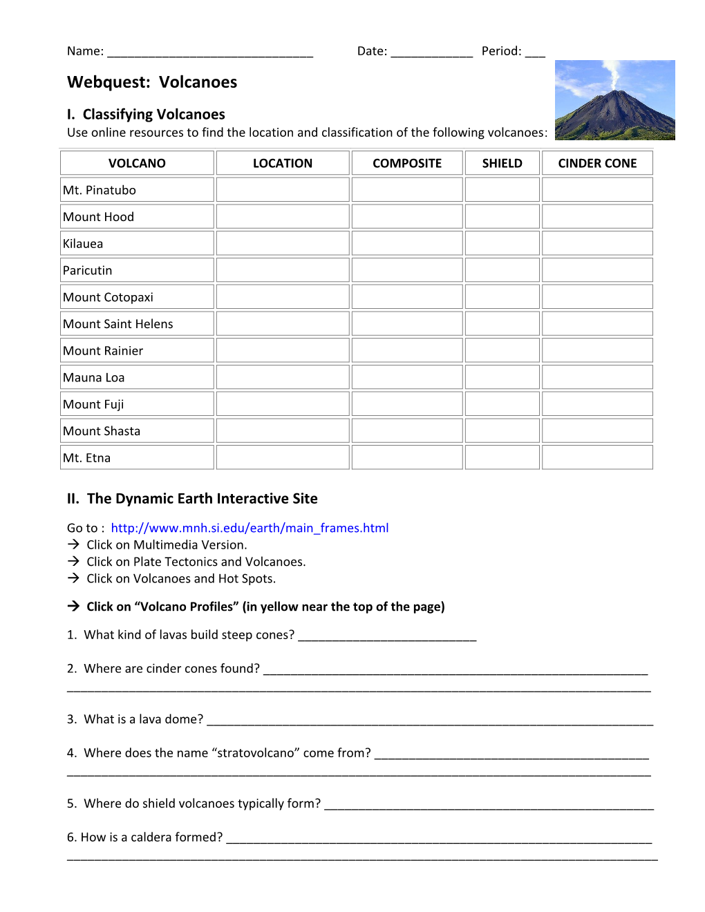 Volcano Types Worksheet