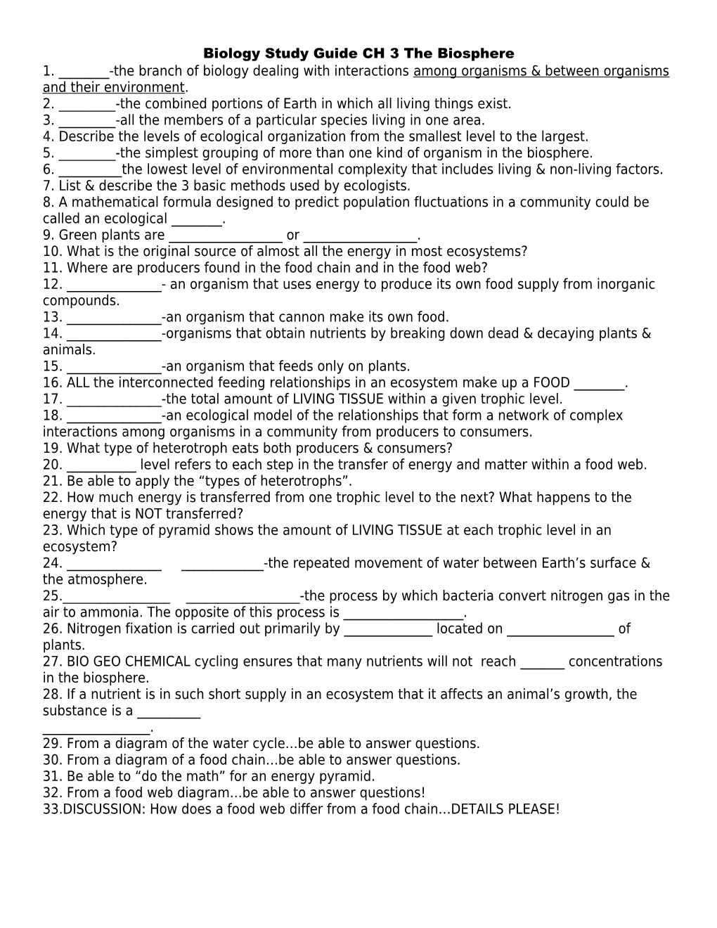 Biology Study Guide CH 3 the Biosphere