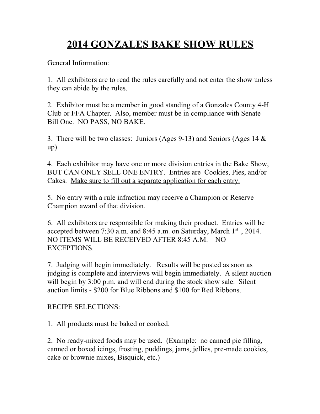 2012 Gonzales Bake Show Rules