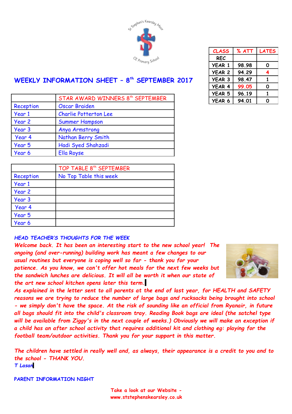 WEEKLY INFORMATION SHEET 8Th SEPTEMBER 2017