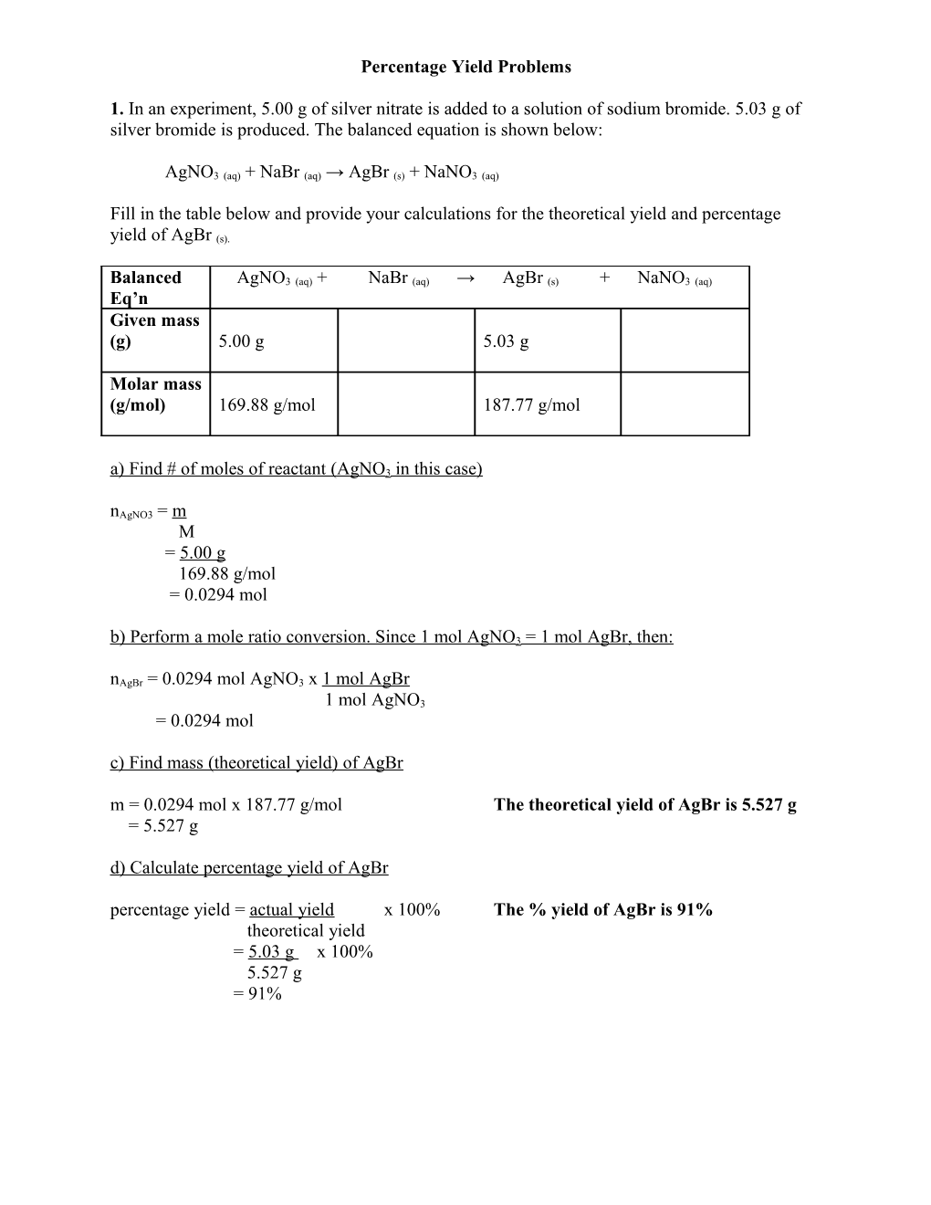 Percentage Yield Problems