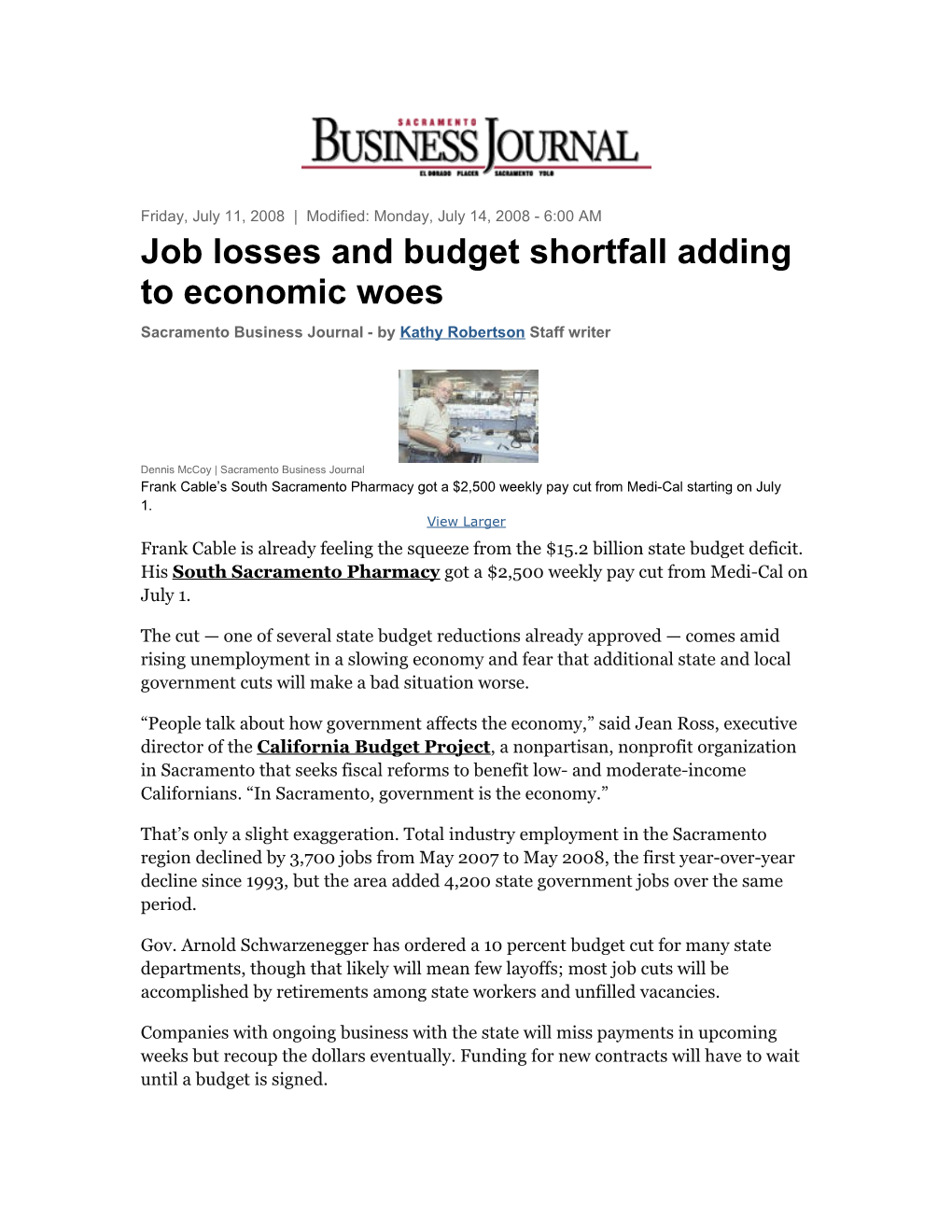 Job Losses and Budget Shortfall Adding to Economic Woes