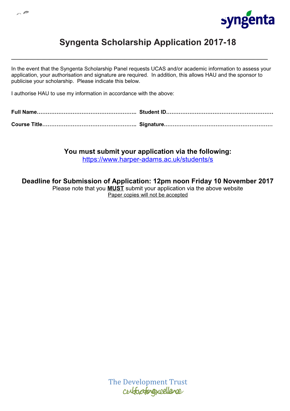 Syngenta Scholarship Application 2017-18