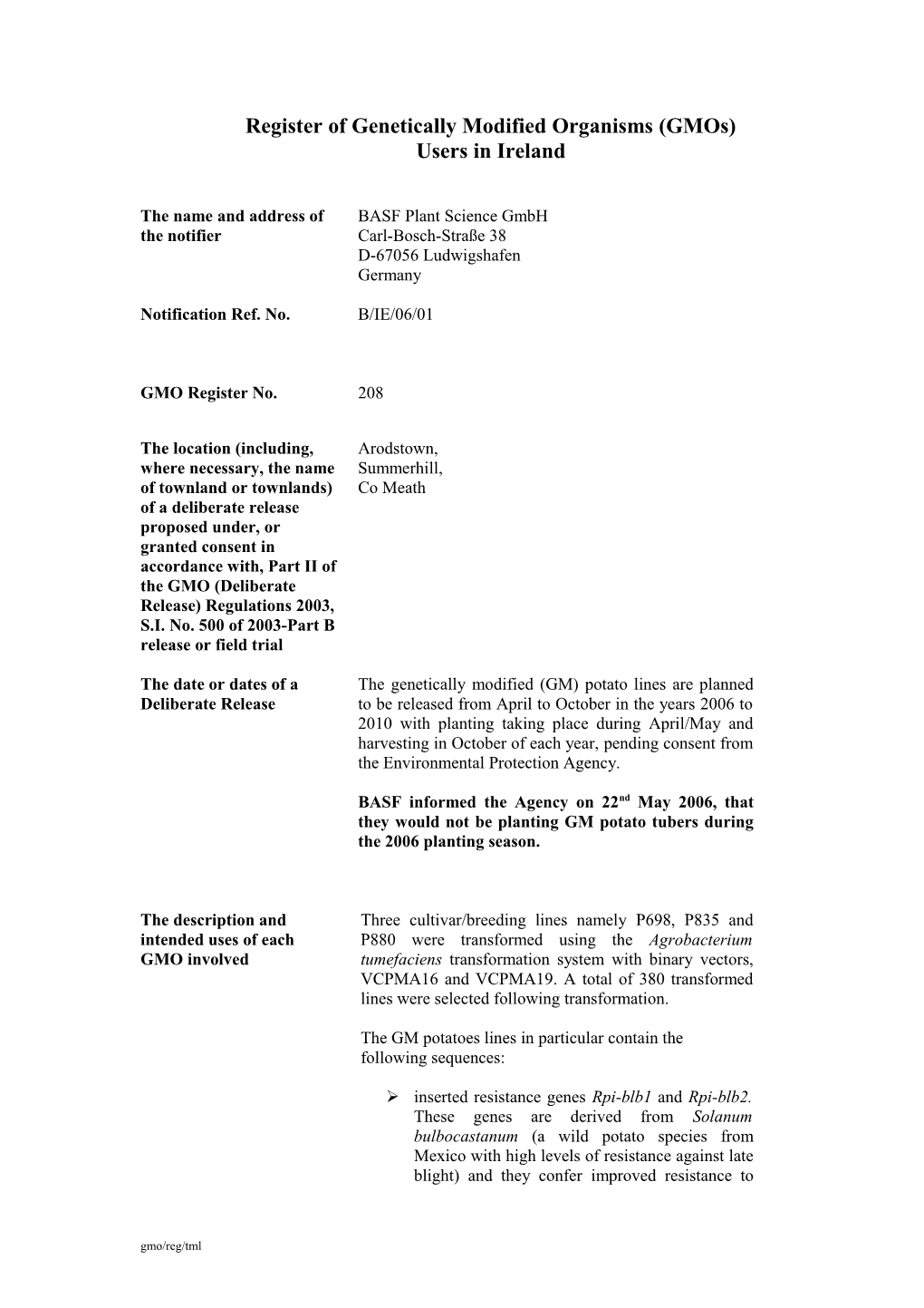 Register of Genetically Modified Organisms (Gmos)