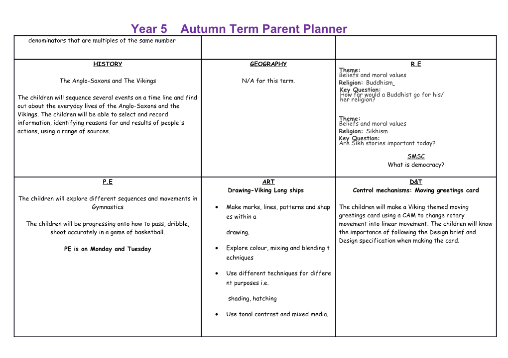Year 5 Autumn Term Parent Planner