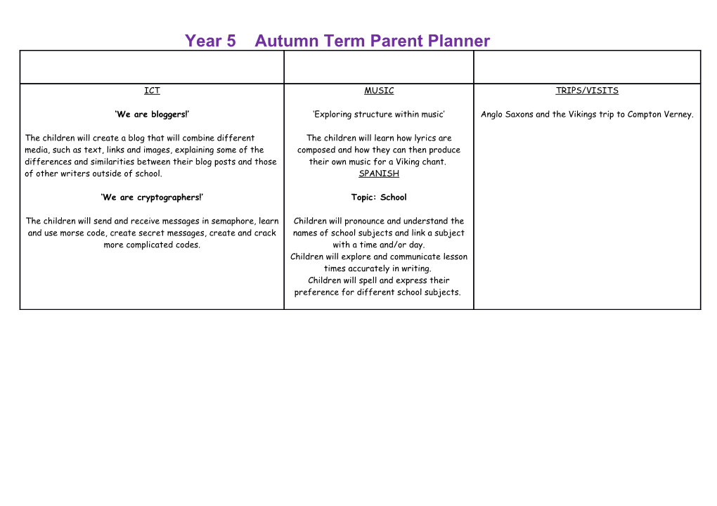 Year 5 Autumn Term Parent Planner