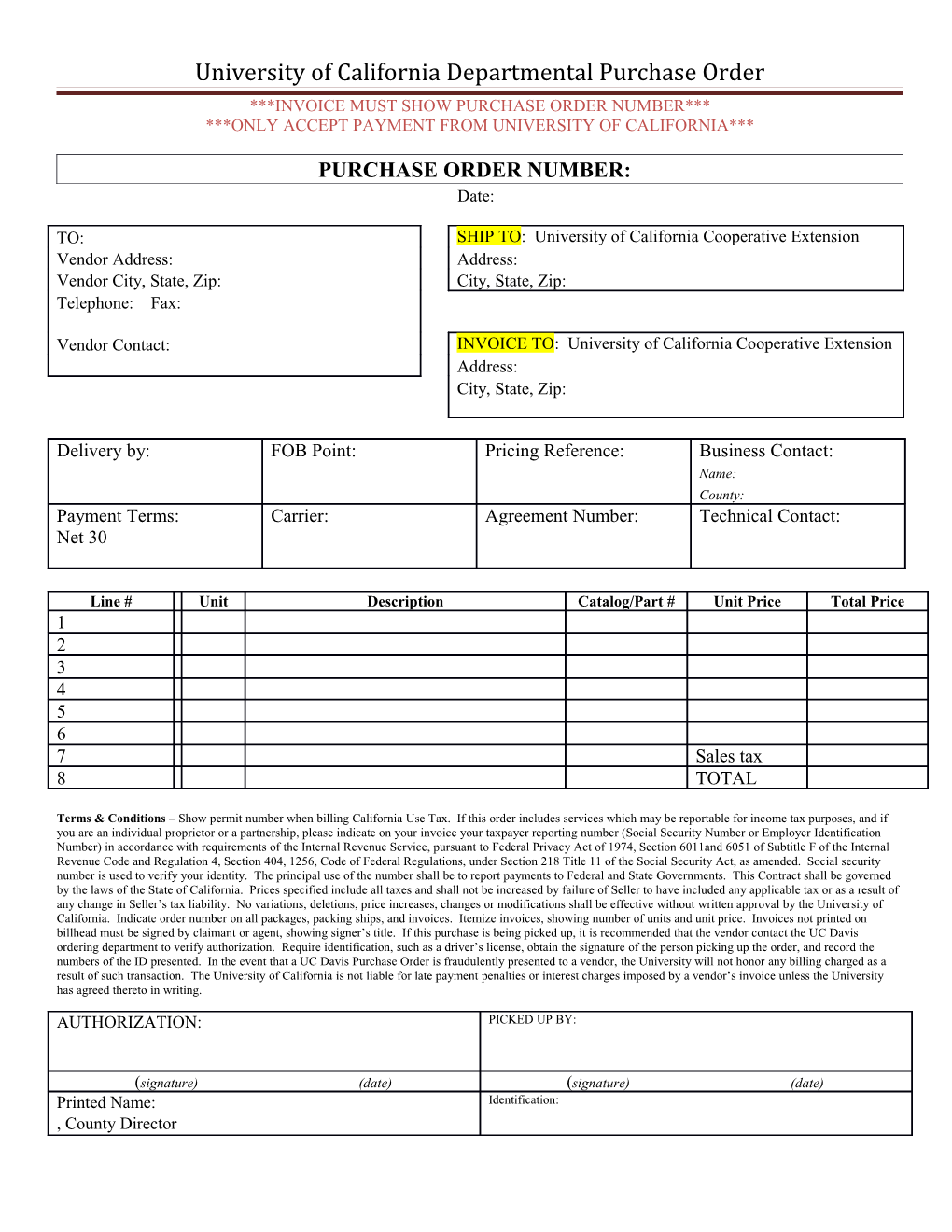 University of California Departmental Purchase Order