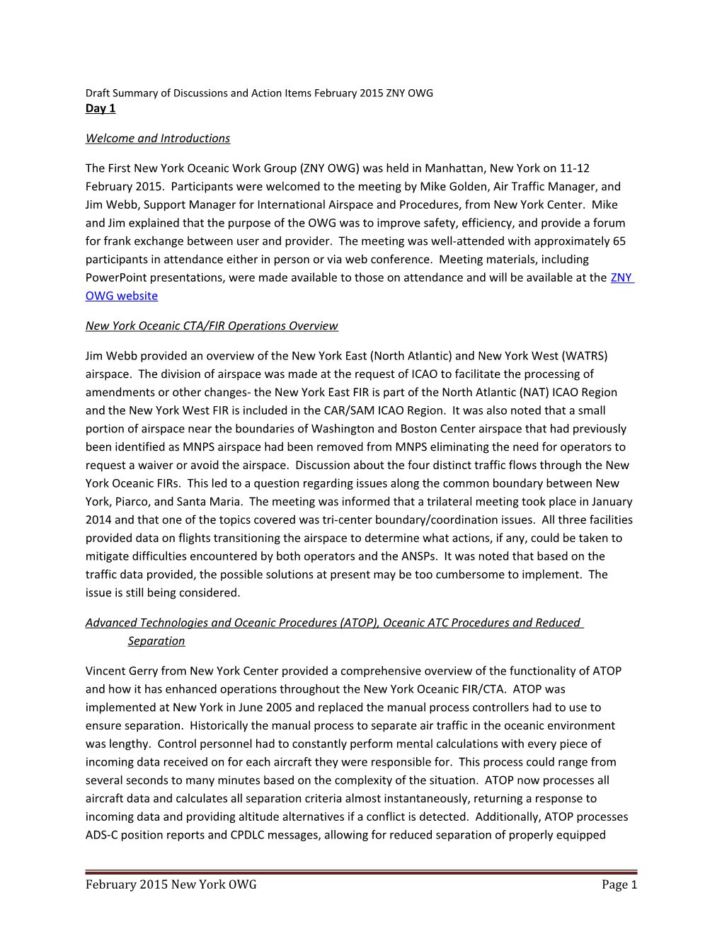 Draft Summary of Discussions and Action Items February 2015 ZNY OWG