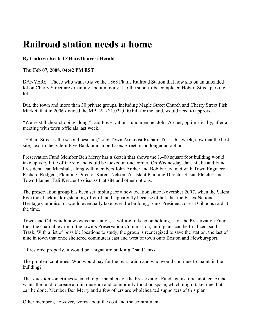 Railroad Station Needs a Home