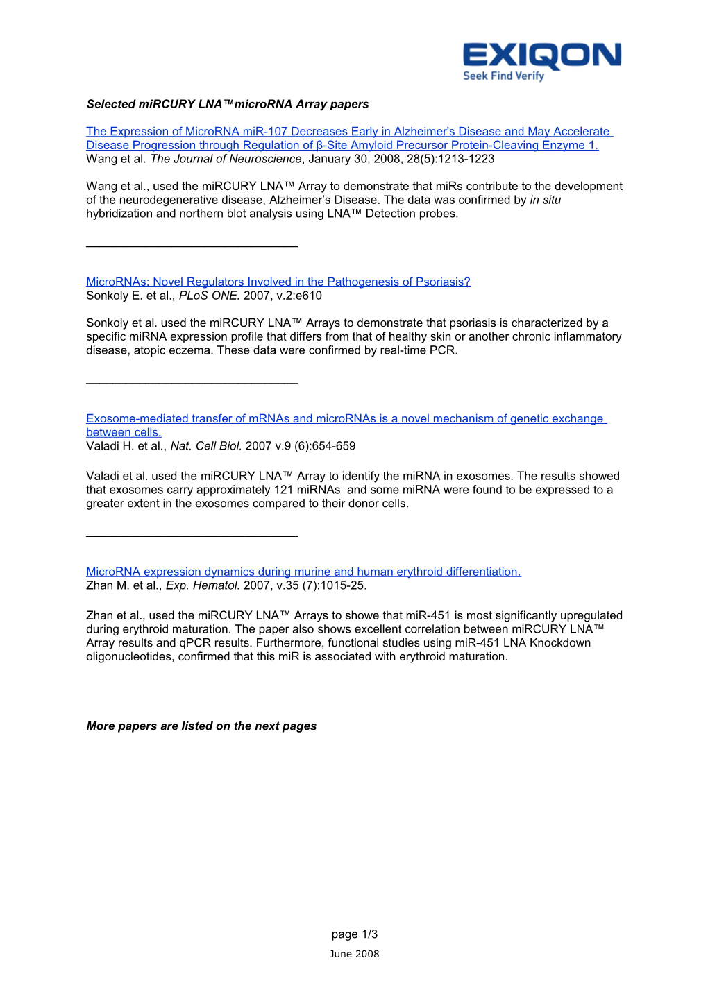 Selected Mircury LNA Microrna Array Papers