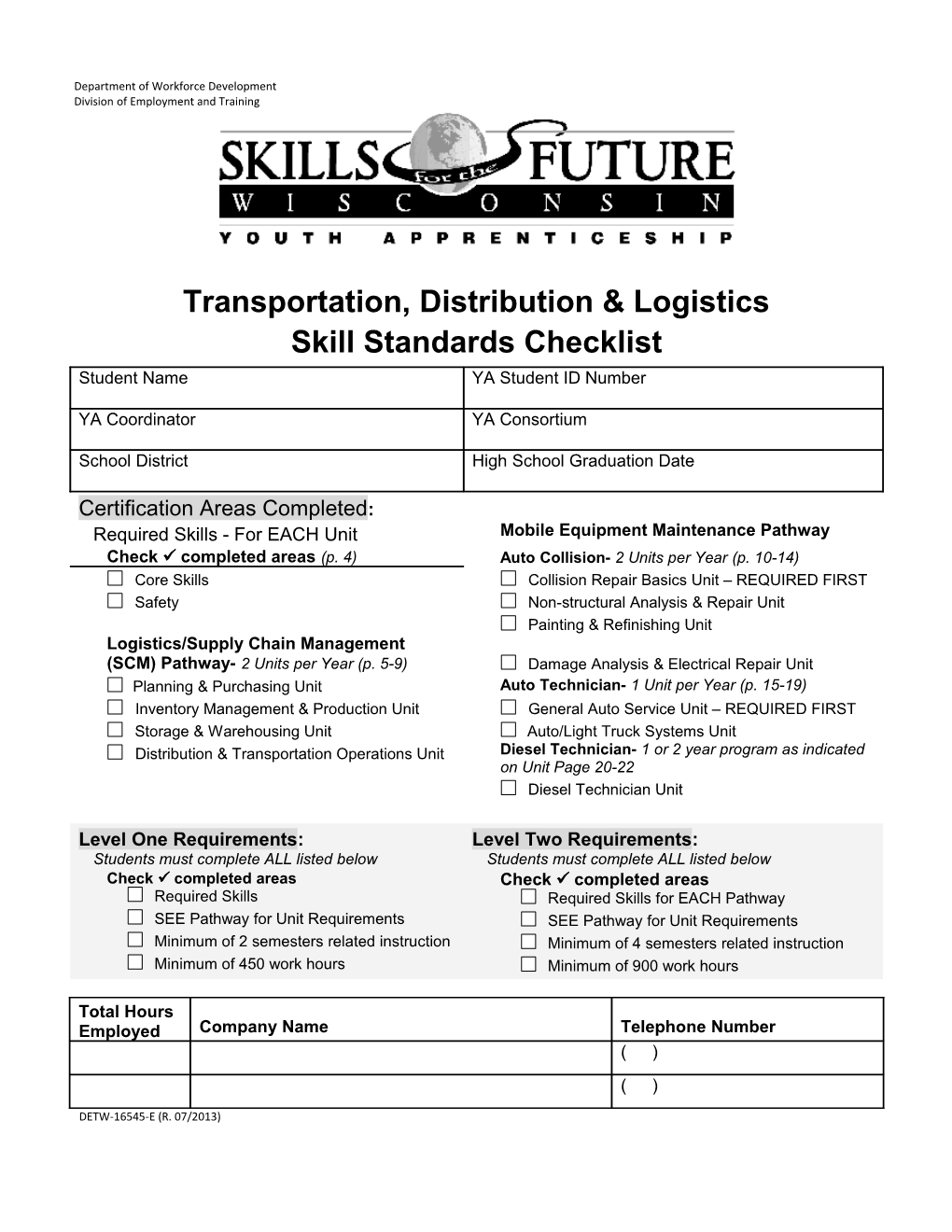 DETW-16545-E, Transportation, Distribution & Logistics Skill Standards Checklist