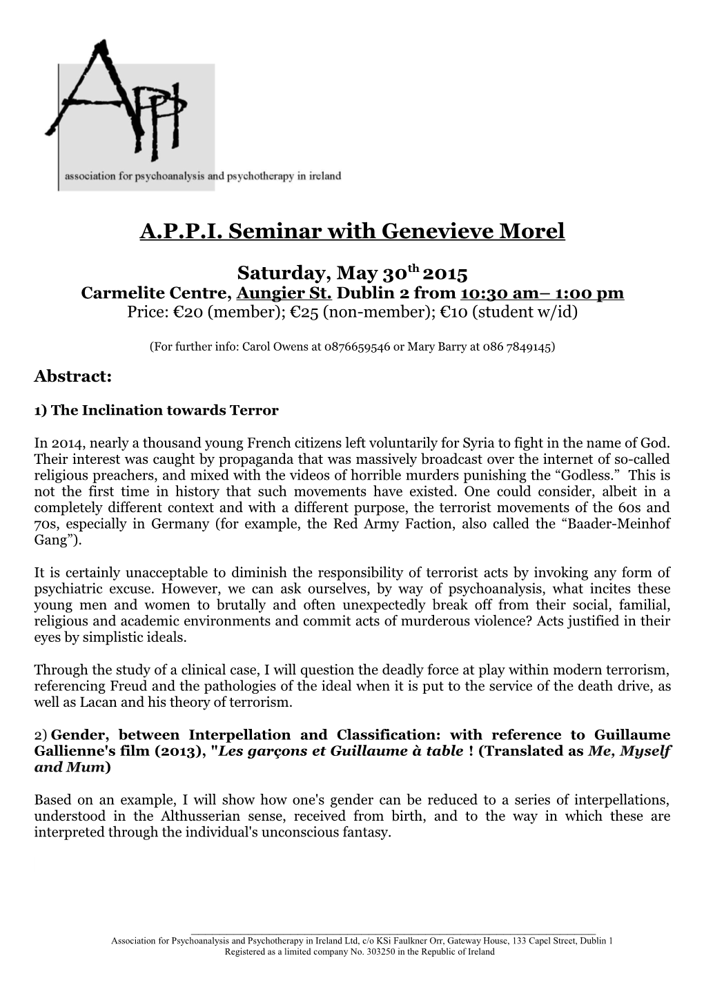 A.P.P.I. Seminar with Genevieve Morel