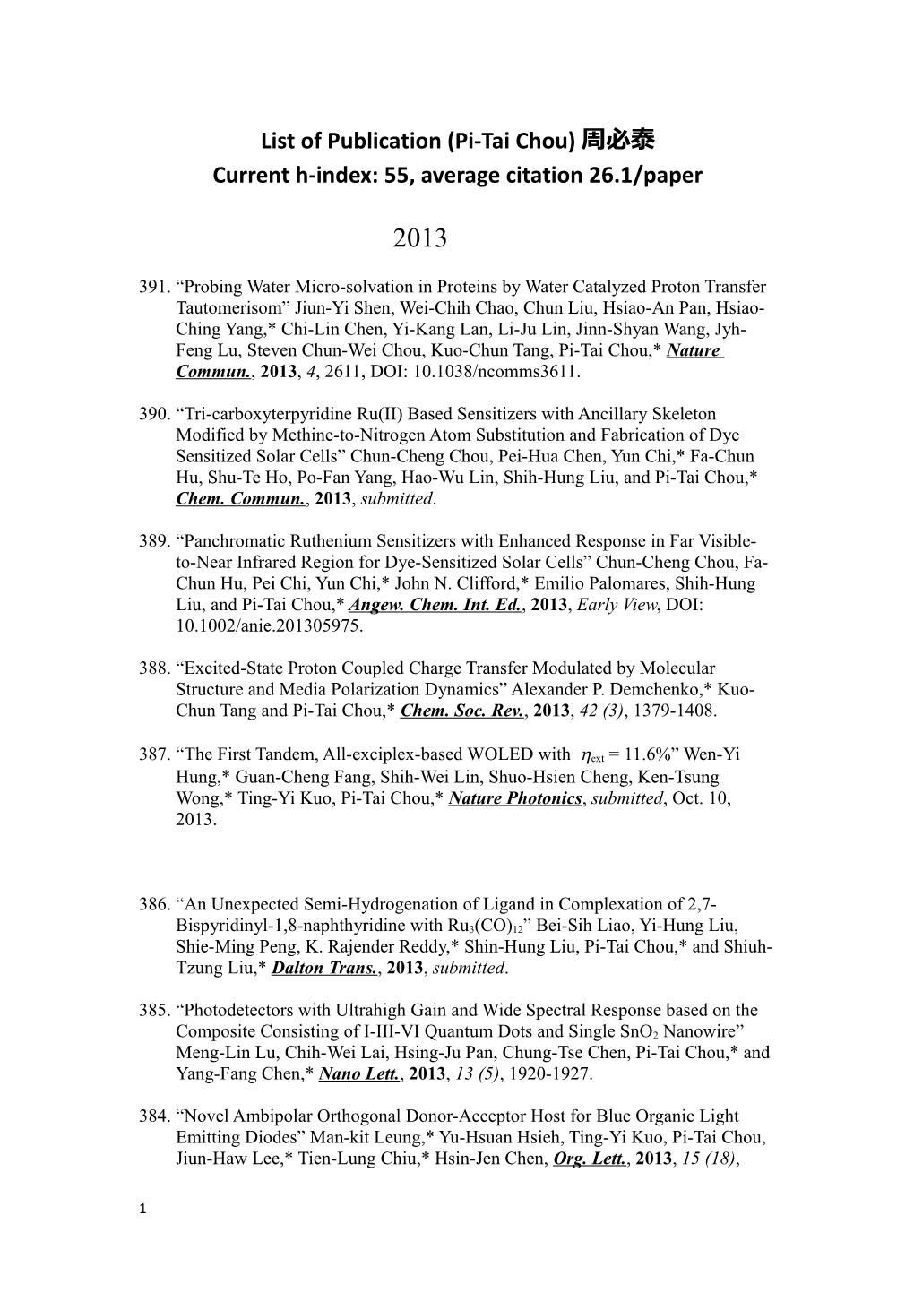 List of Publication (Pi-Tai Chou) 周必泰