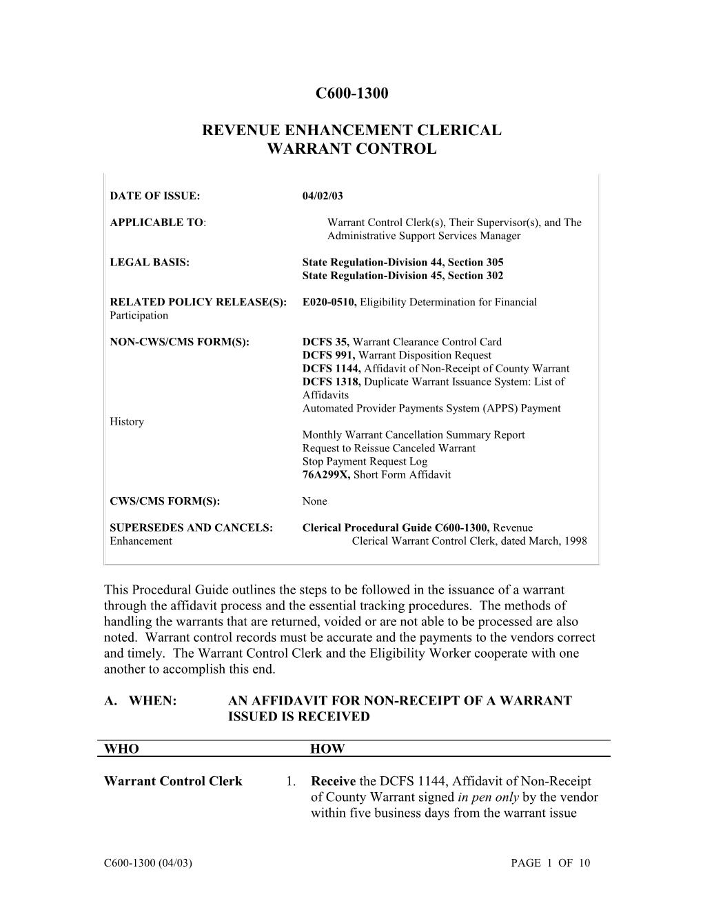 04/03- Revenue Enhancement Clerial Warrant Control