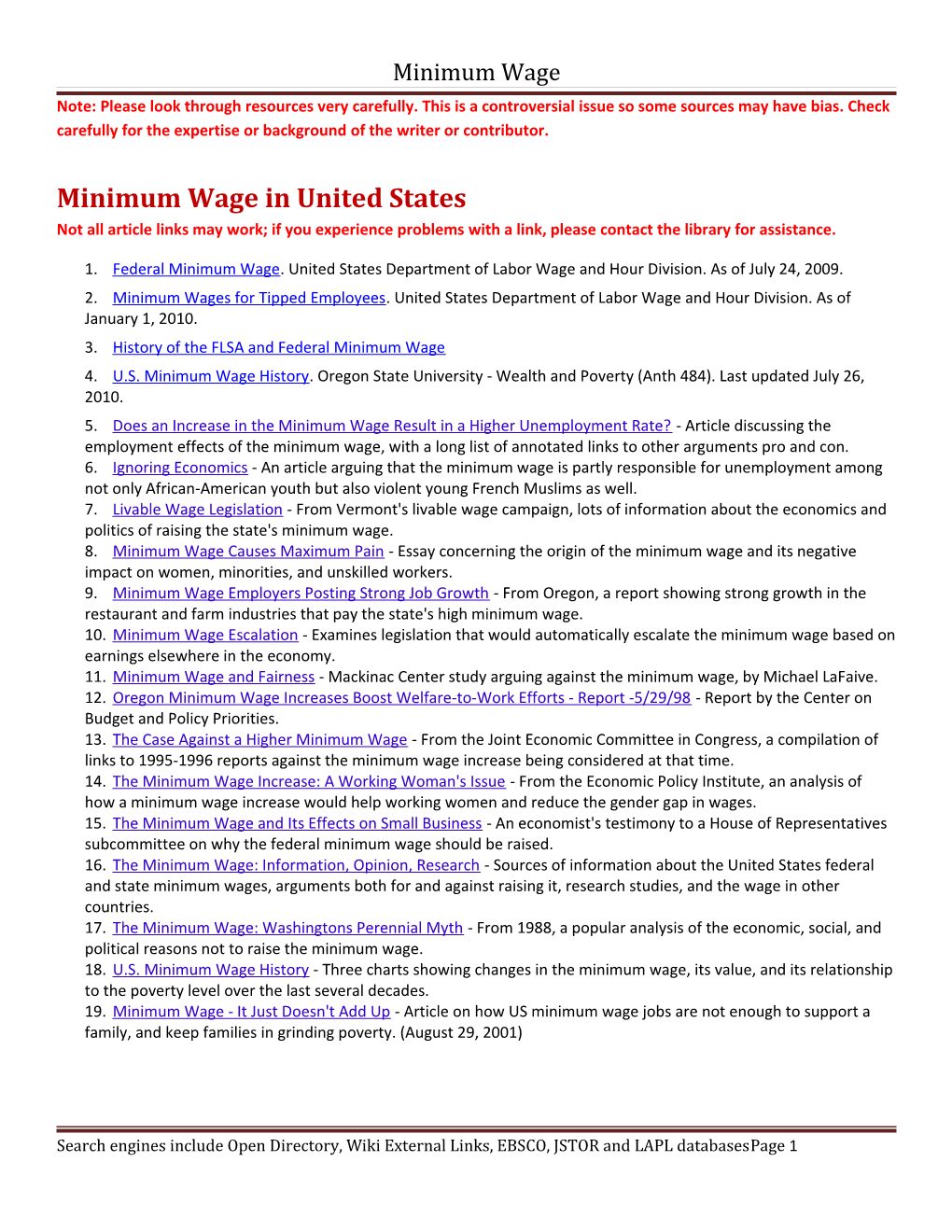 Minimum Wage in United States