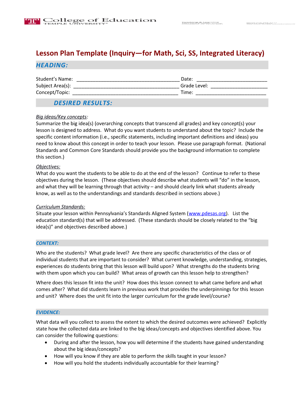 Lesson Plan Template (Inquiry for Math, Sci, SS, Integrated Literacy)