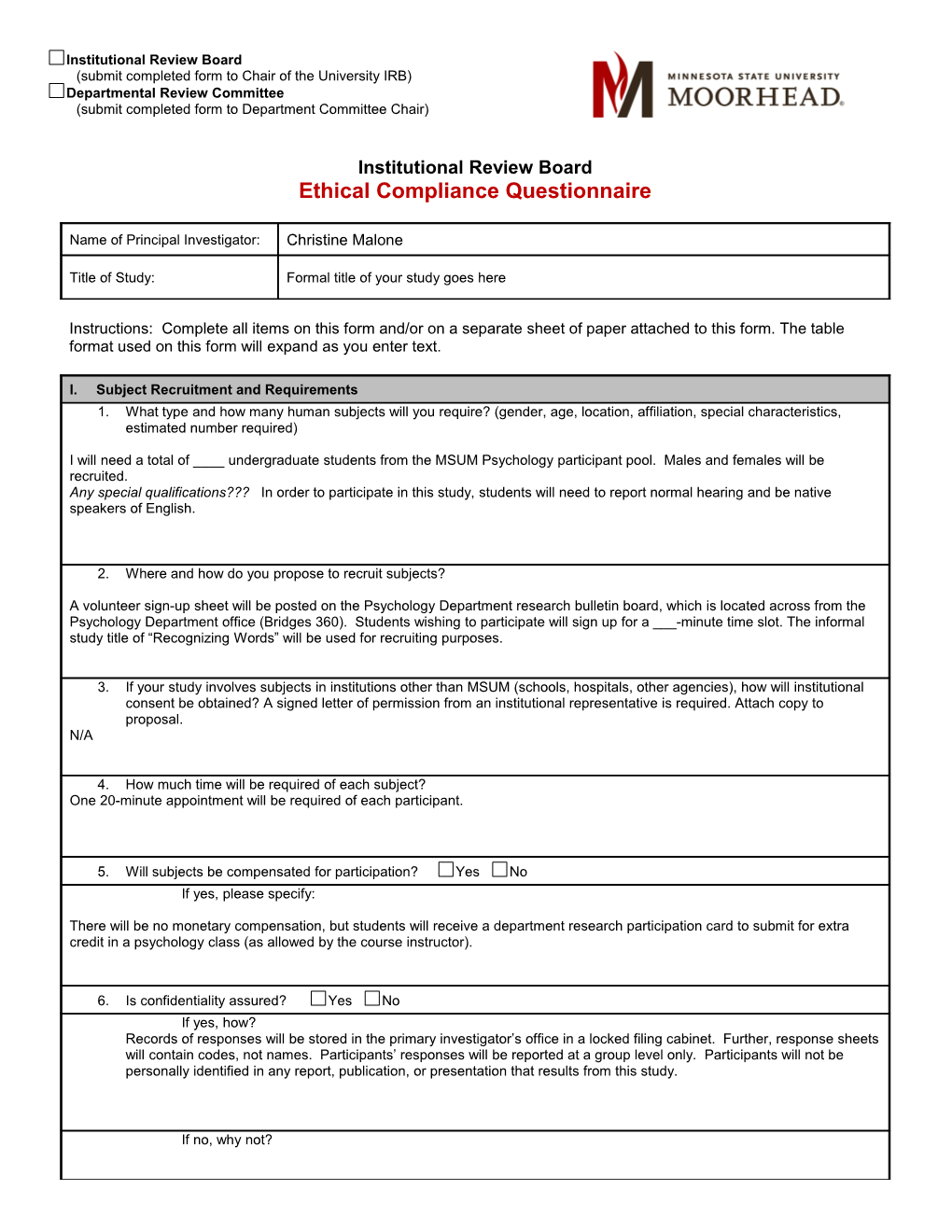 Institutional Review Board Ethical Compliance Questionnaire