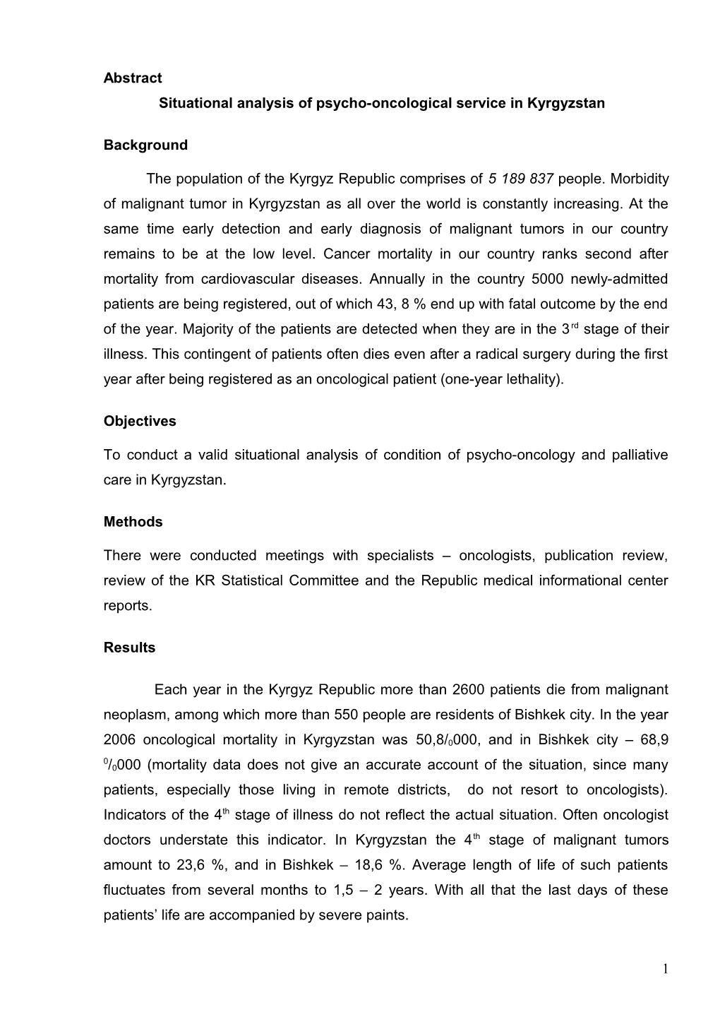 Situational Analysis of Psycho-Oncological Service in Kyrgyzstan