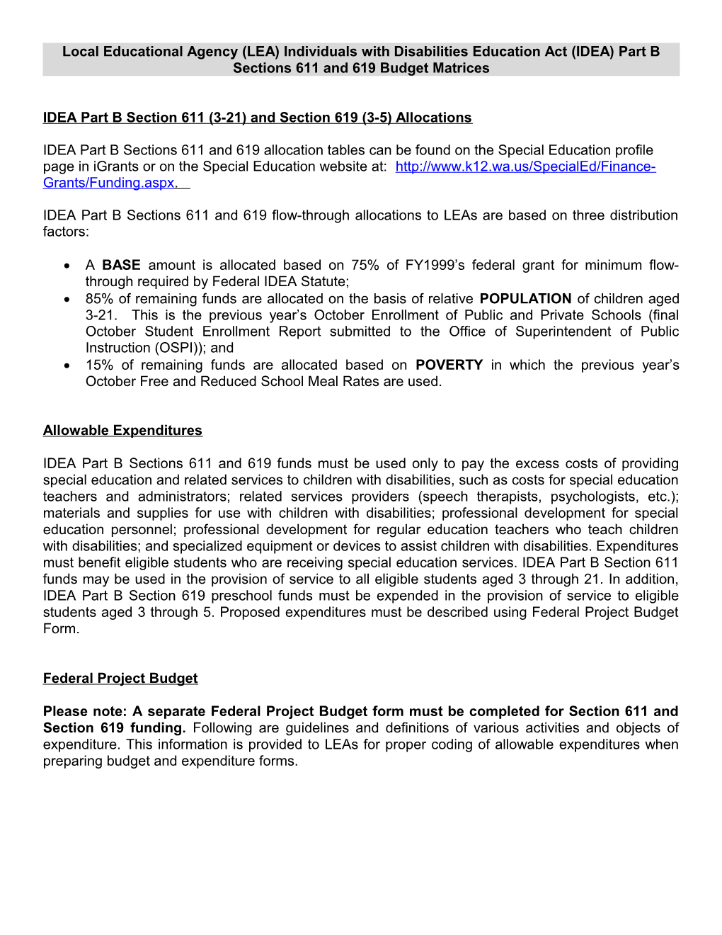 Local Educational Agency (LEA) Individuals with Disabilities Education Act (IDEA) Part B