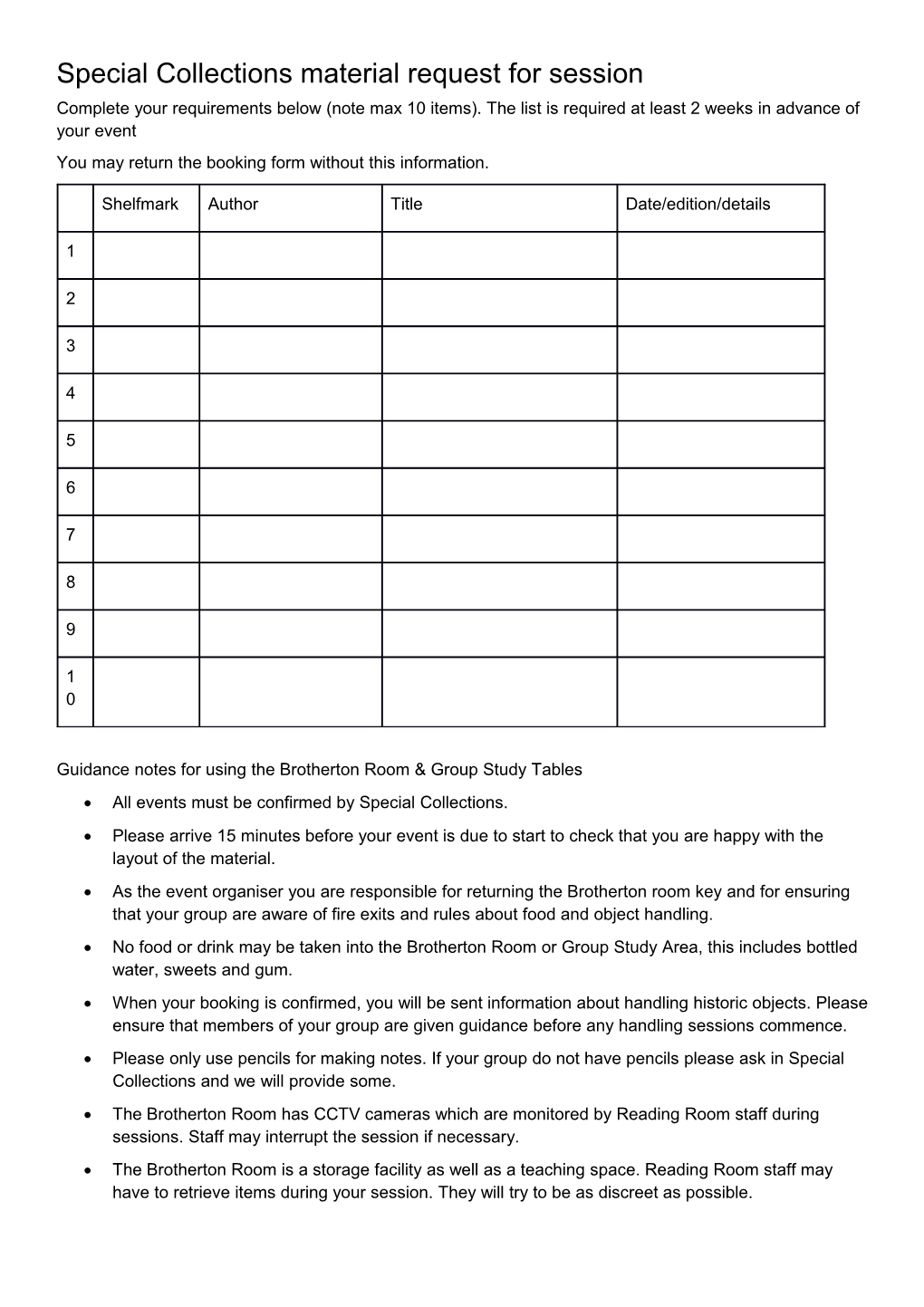 Brotherton Room and Group Study Table Booking Request Form