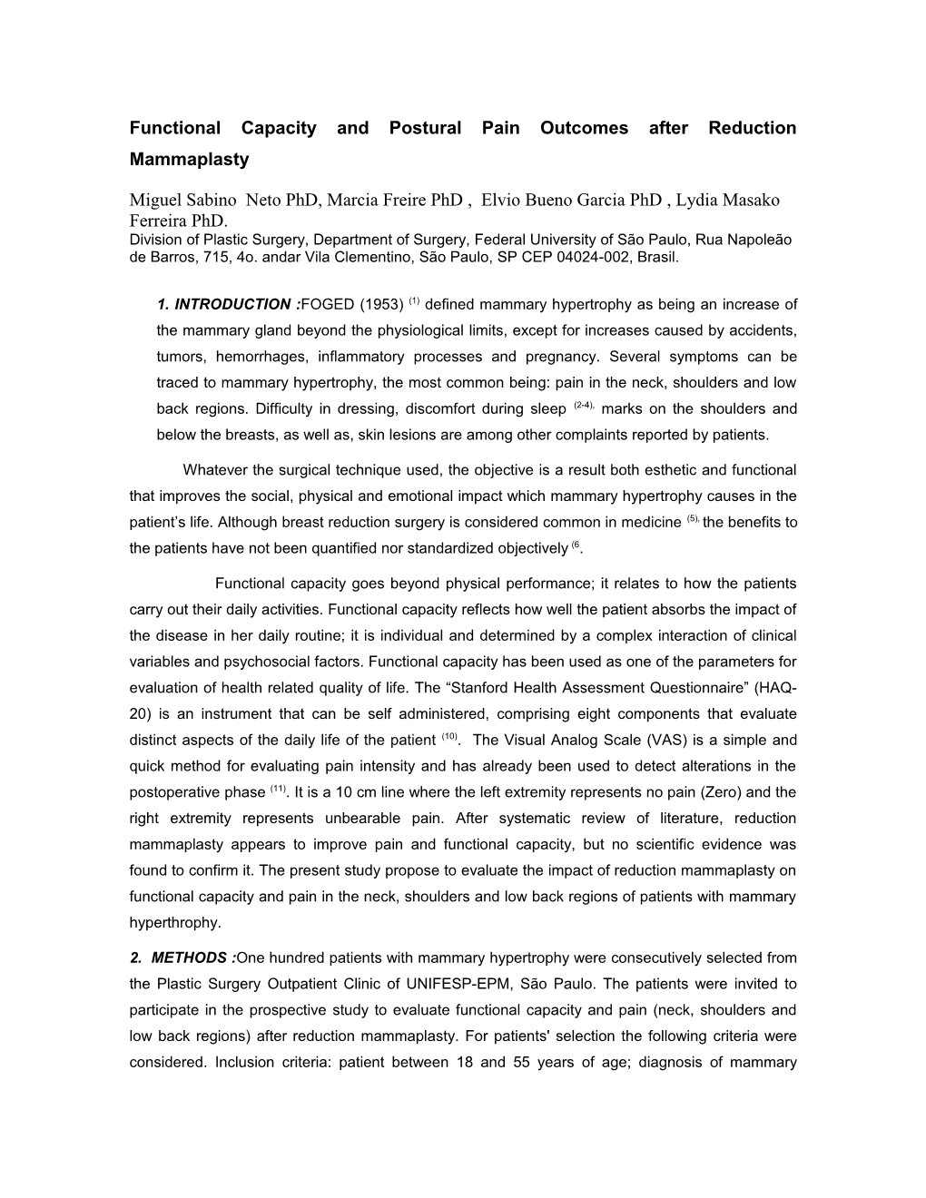 Functional Capacity and Postural Pain Outcomes After Reduction Mammaplasty