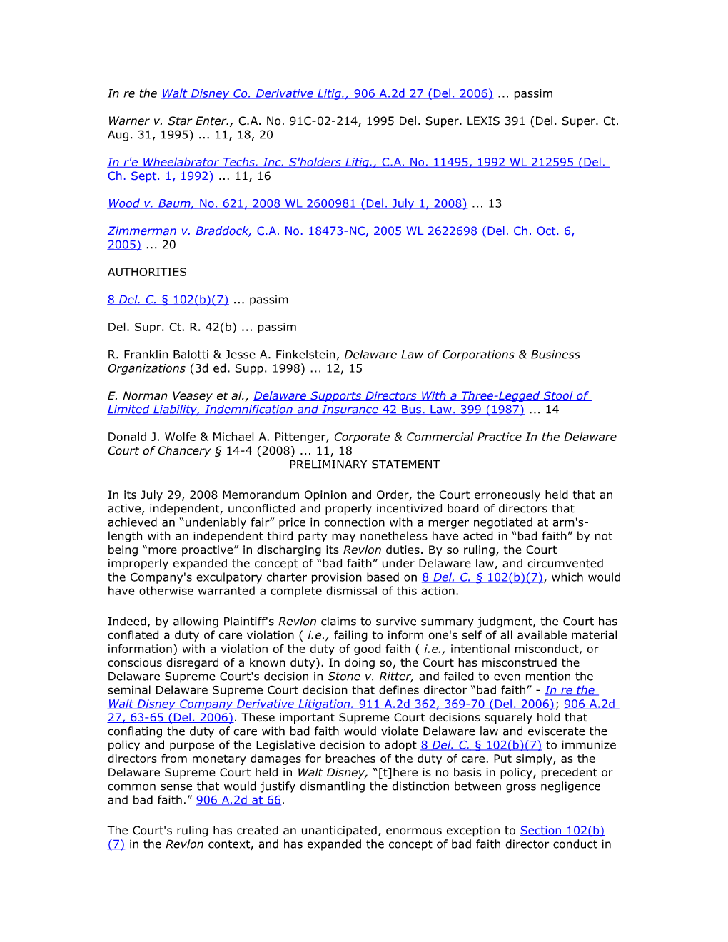 2008 WL 3422682 (Del.Ch.) (Trial Motion, Memorandum and Affidavit)