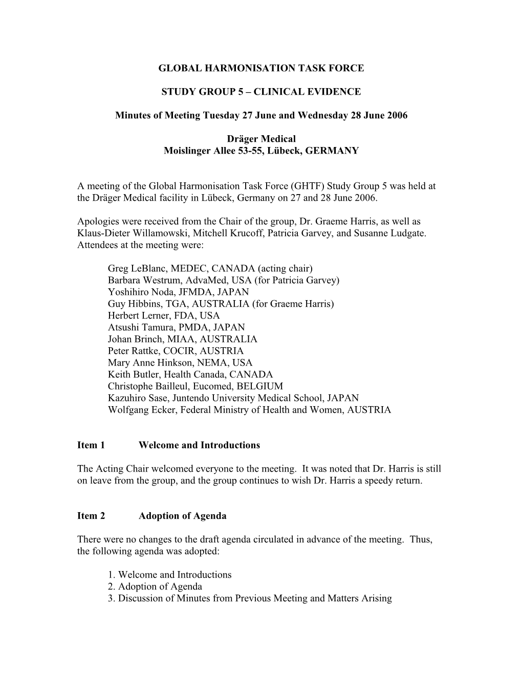 GHTF SG5 Clinical Evidence - Minutes of Meeting - June 2006