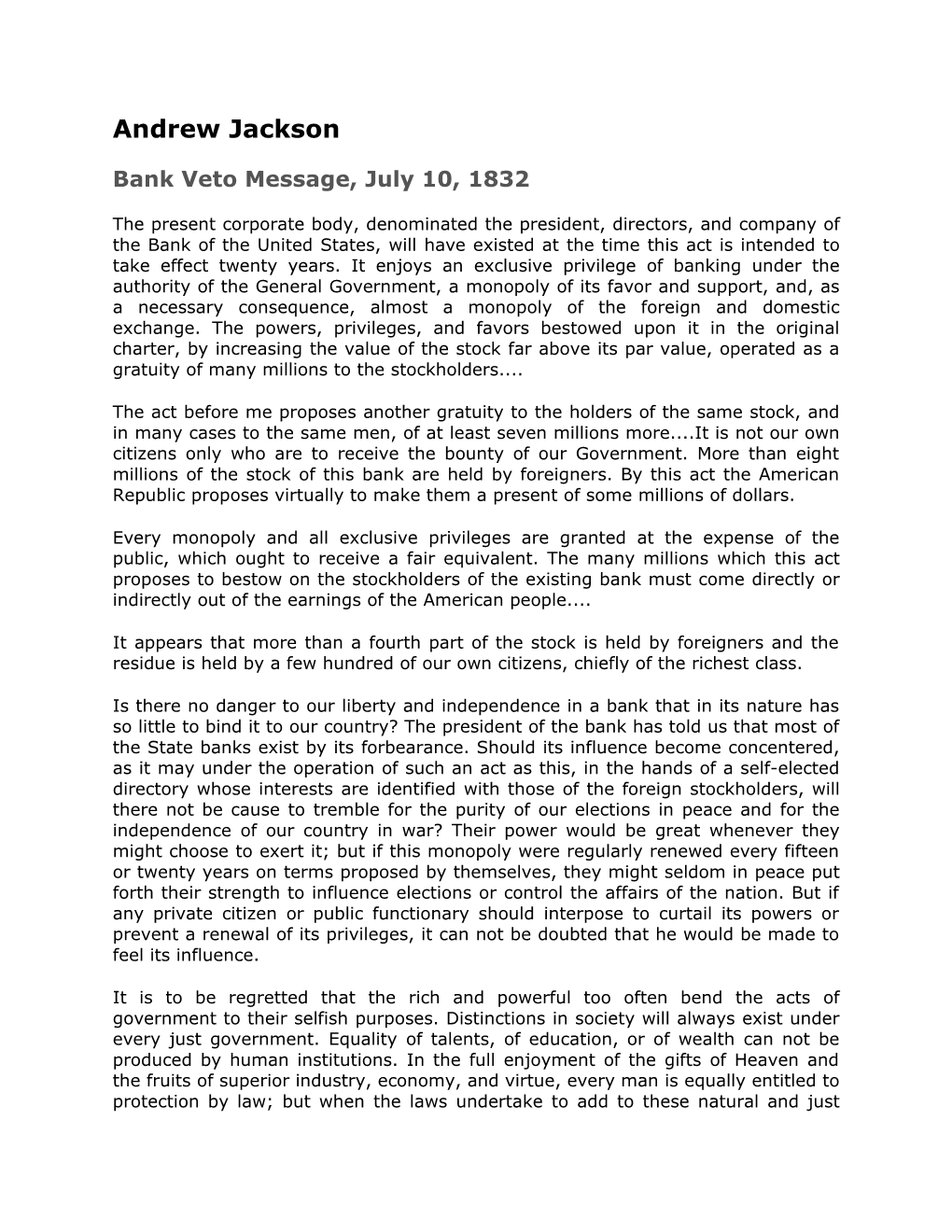 Bank Veto Message, July 10, 1832