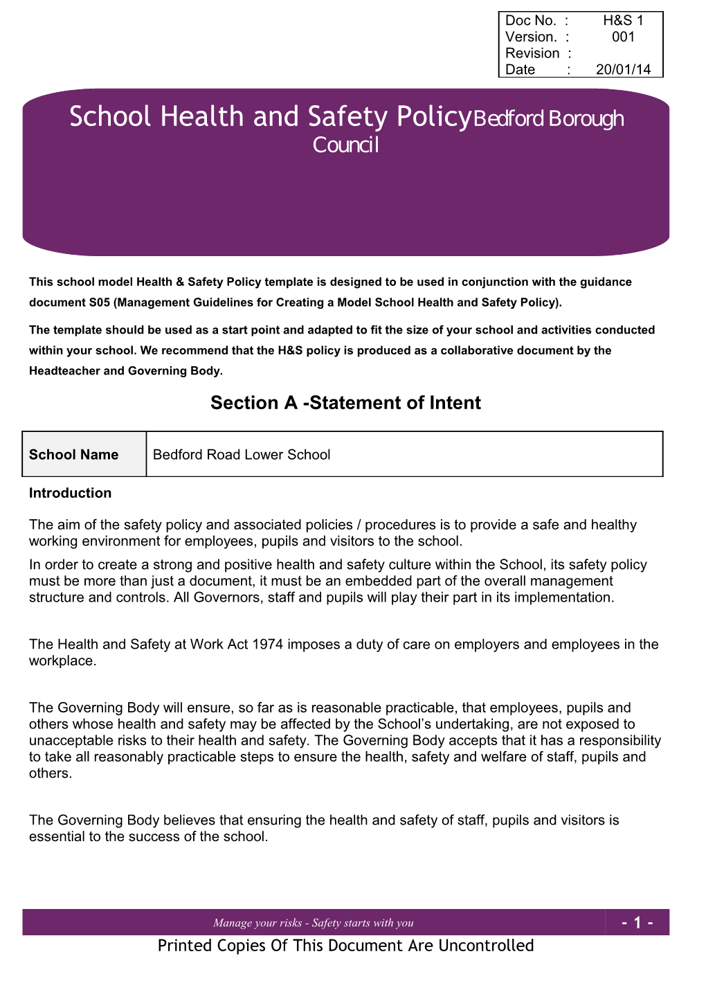 This School Model Health Safety Policy Template Is Designed to Be Used in Conjunction