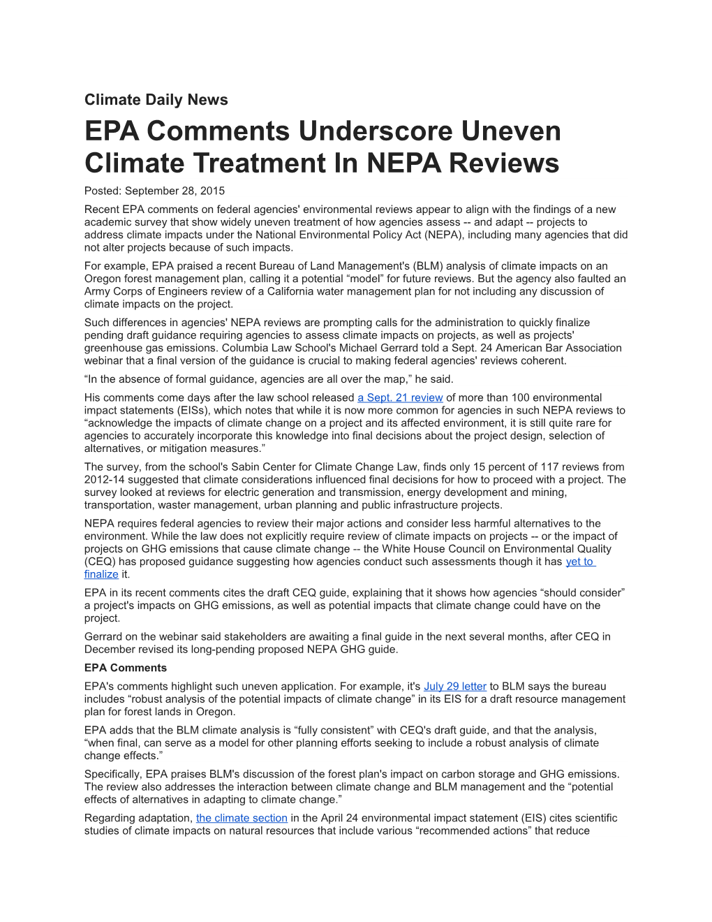 EPA Comments Underscore Uneven Climate Treatment in NEPA Reviews