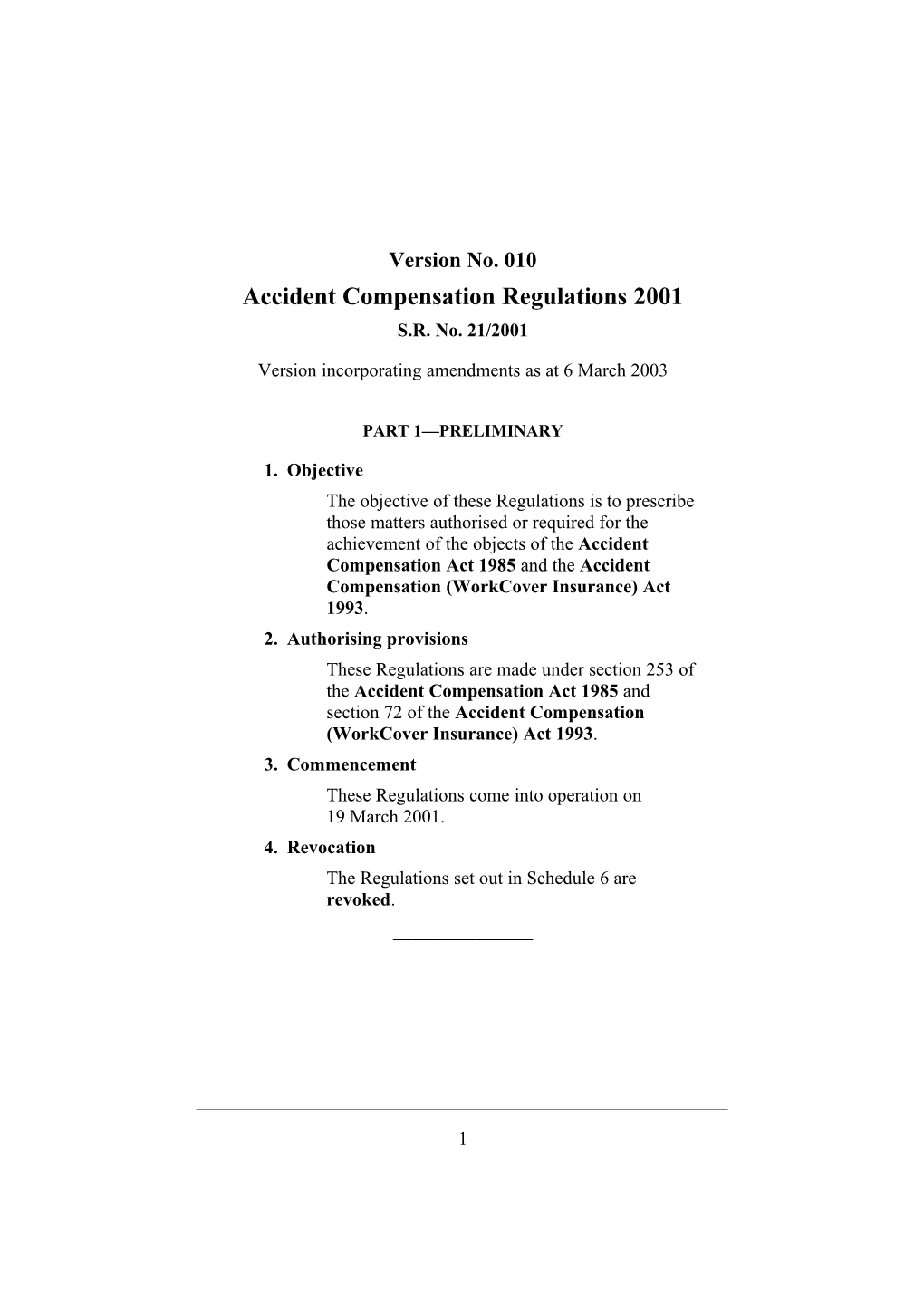 Accident Compensation Regulations 2001