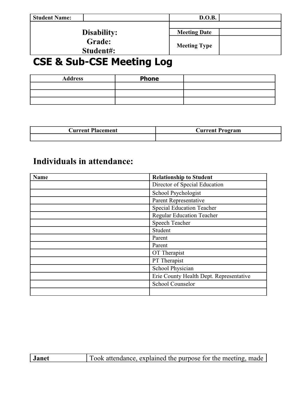 CSE & Sub-CSE Meeting Log