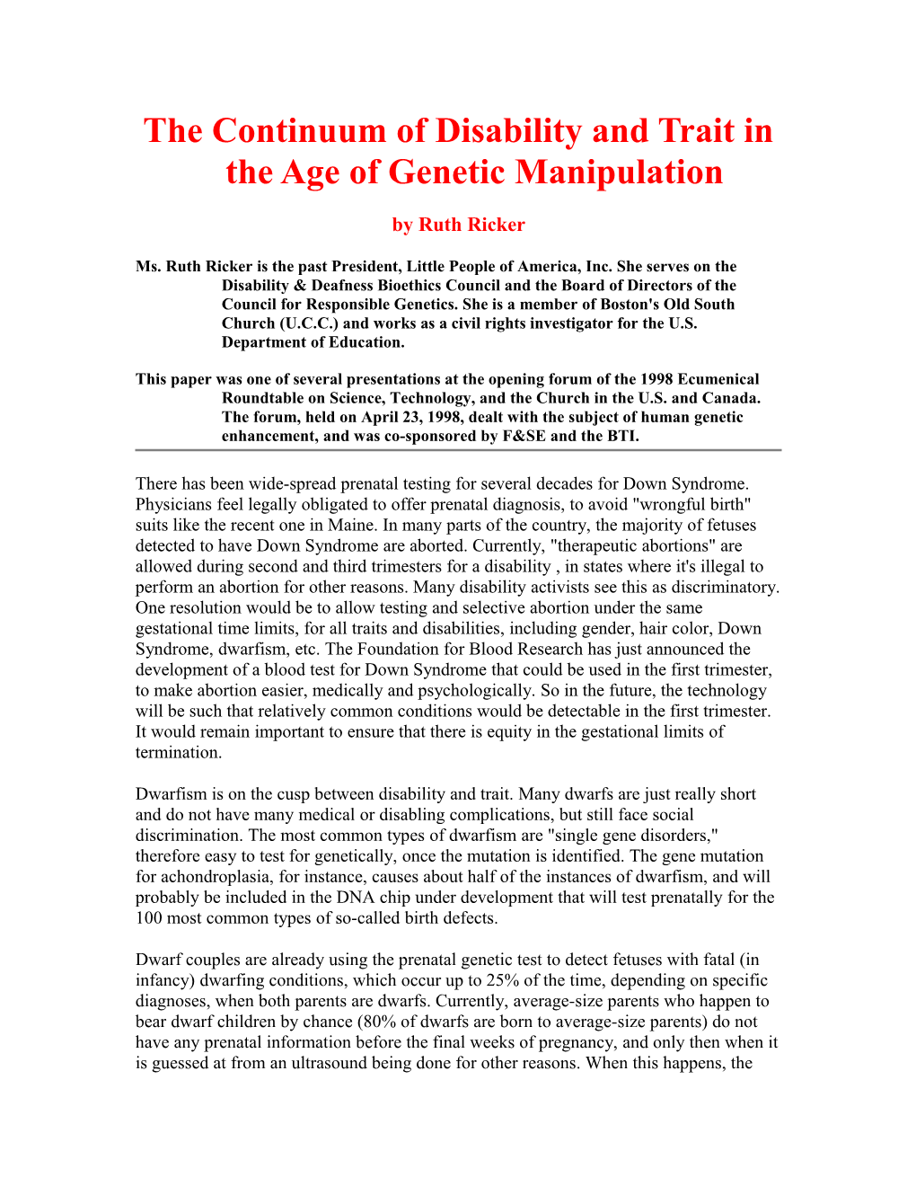 The Continuum of Disability and Trait in the Age of Genetic Manipulation