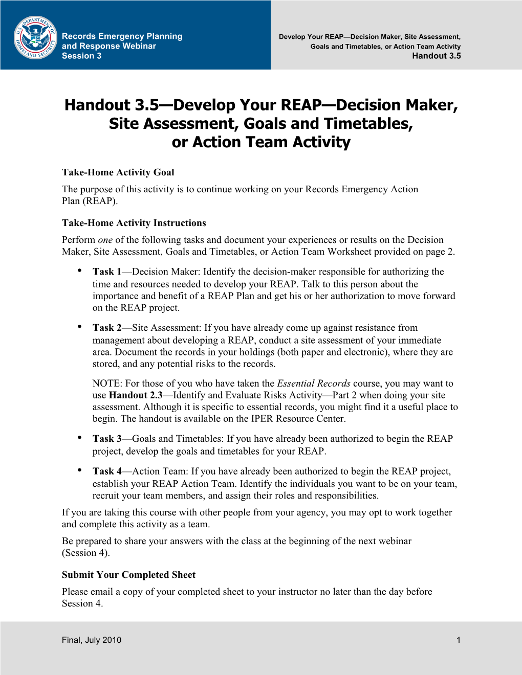 Handout 3.5: Develop Your REAP Decision Maker Site Assessment, Goals and Timetables, Or