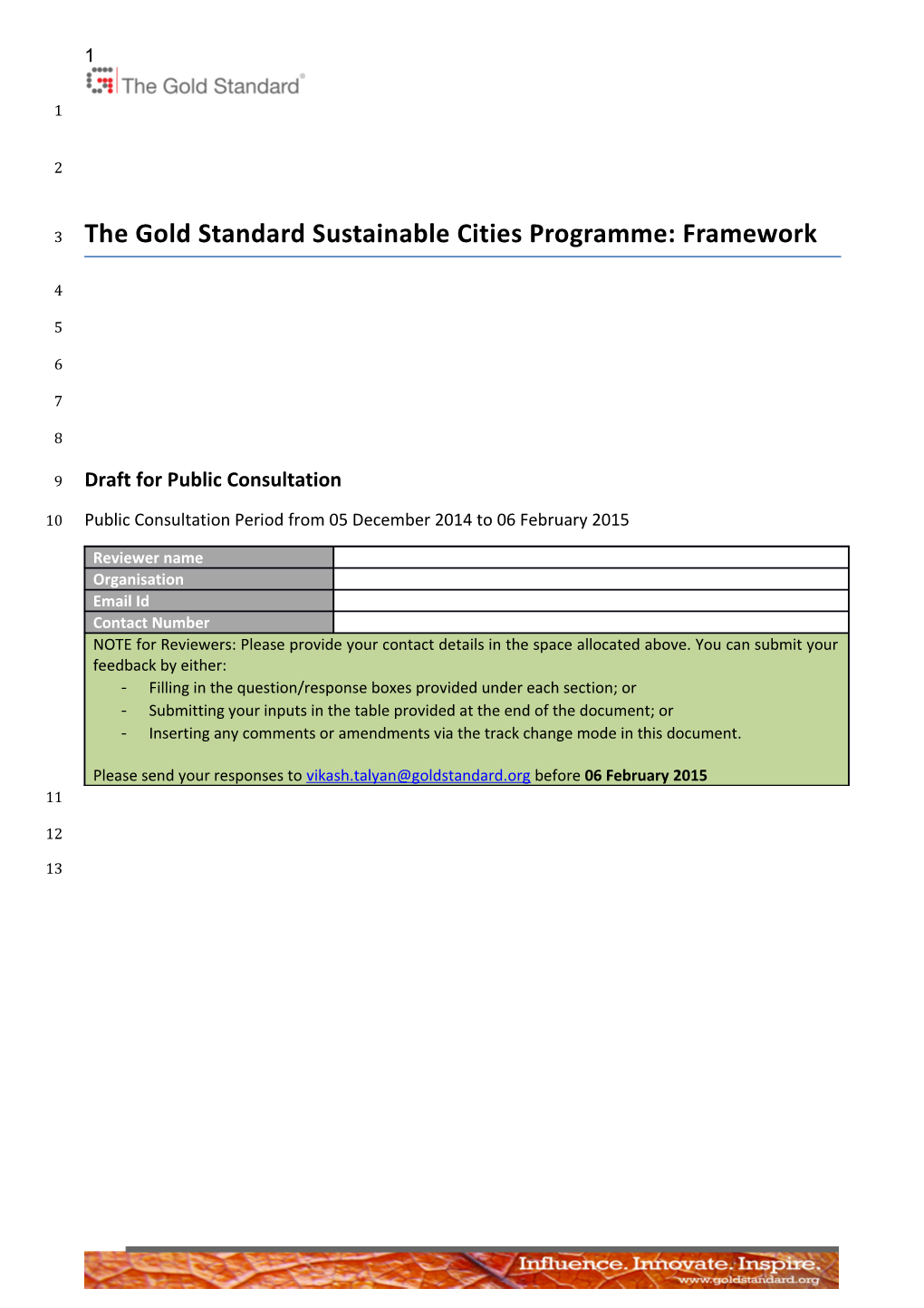 The Gold Standard Sustainable Cities Programme: Framework