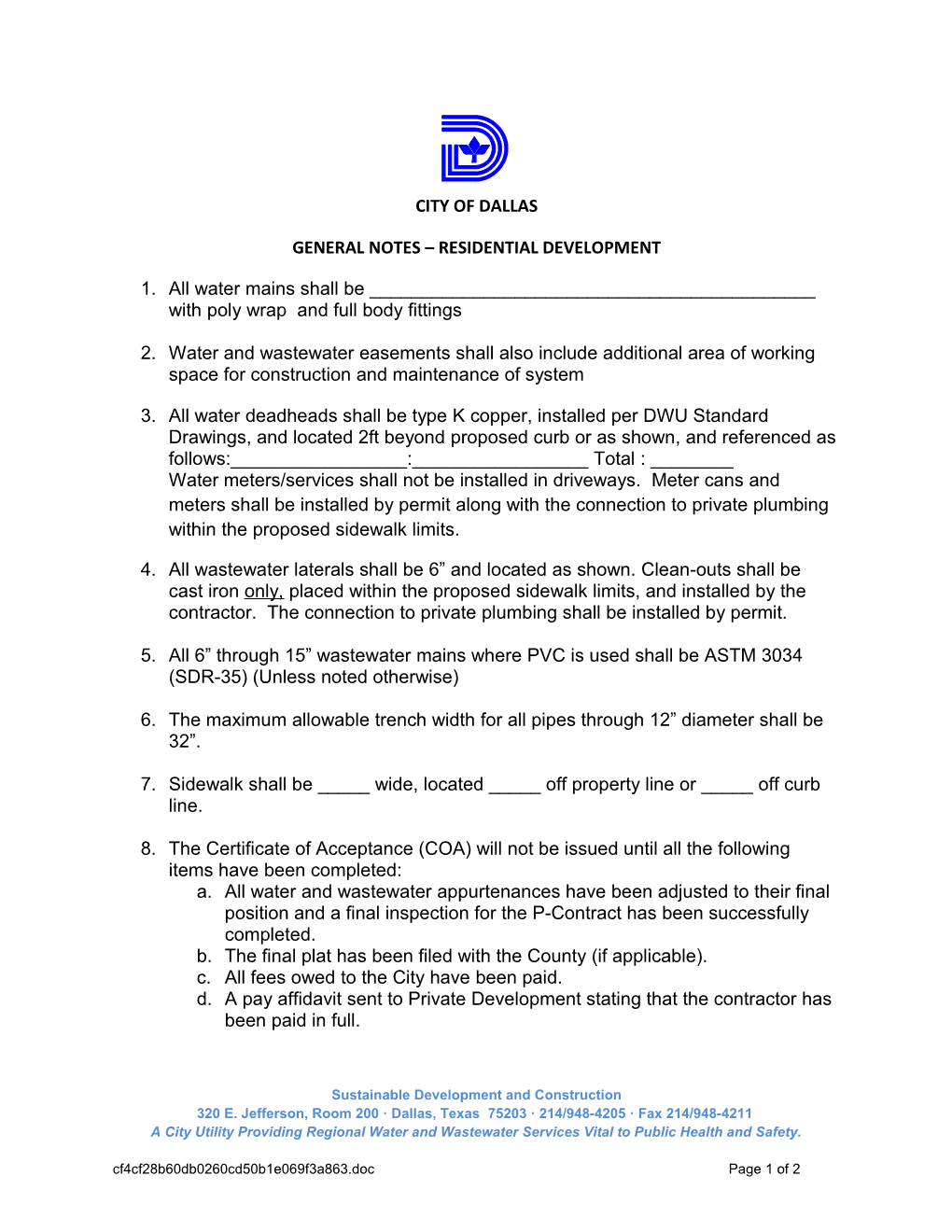 General Notes Residential Development