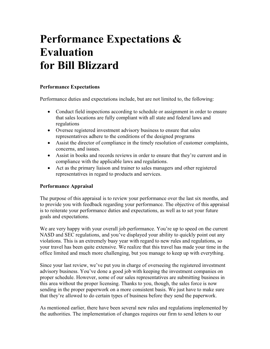 Performance Expectations & Evaluation