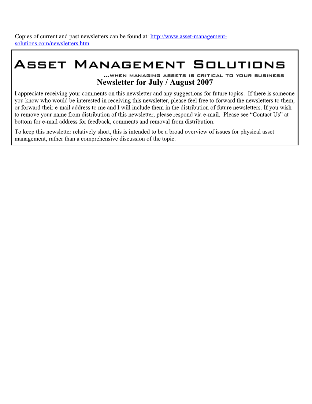Asset Management Solutions Newsletter for July / August 2007