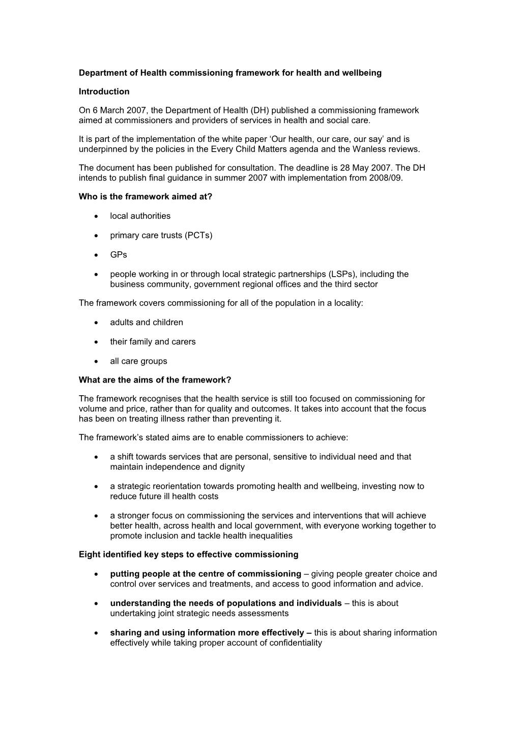 Department of Health Commissioning Framework for Health and Wellbeing