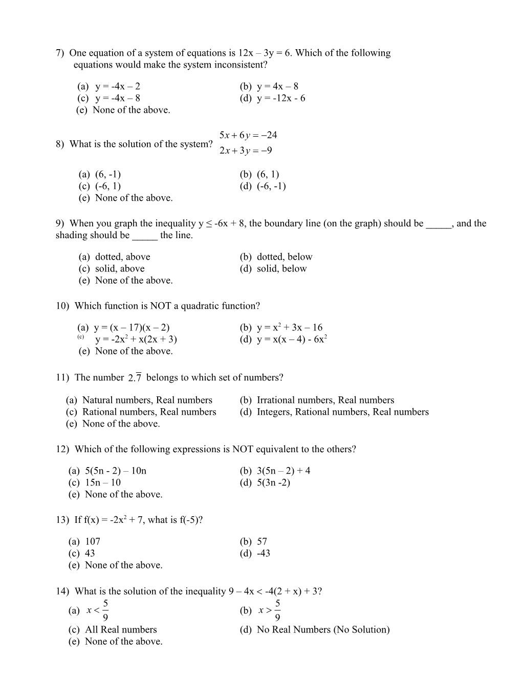 Algebra 2First Semester Final Exam* Please DO NOT Write on the Test! *Form B
