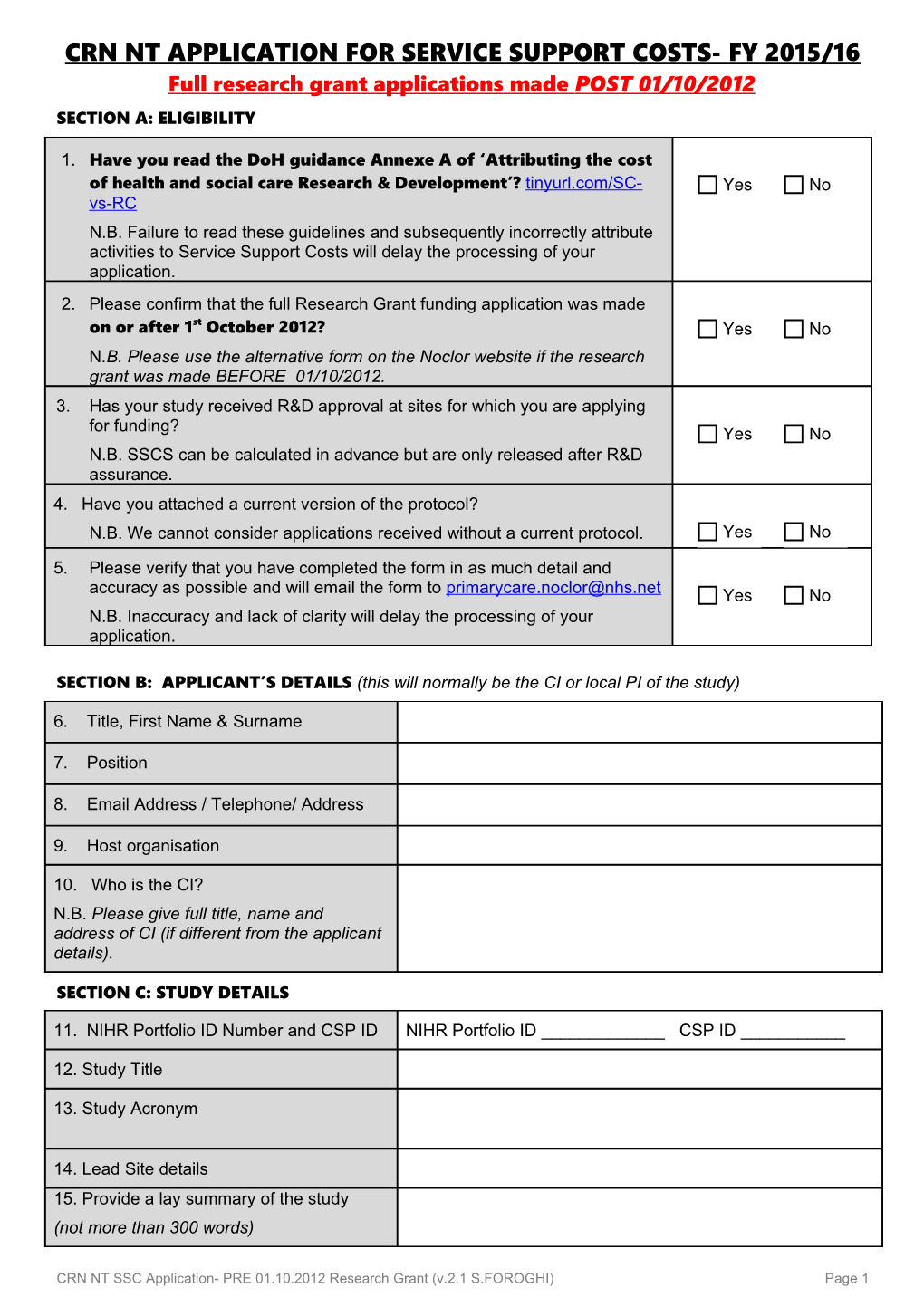 Application Form for Service Support Costs from the Clrn