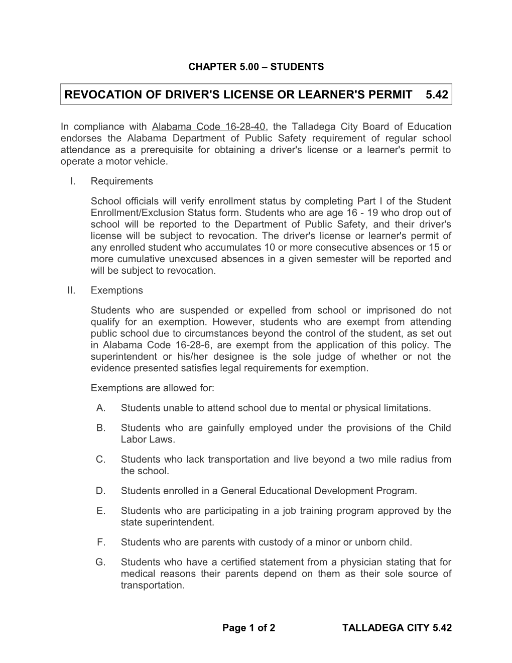Revocation of Driver's License Or Learner's Permit