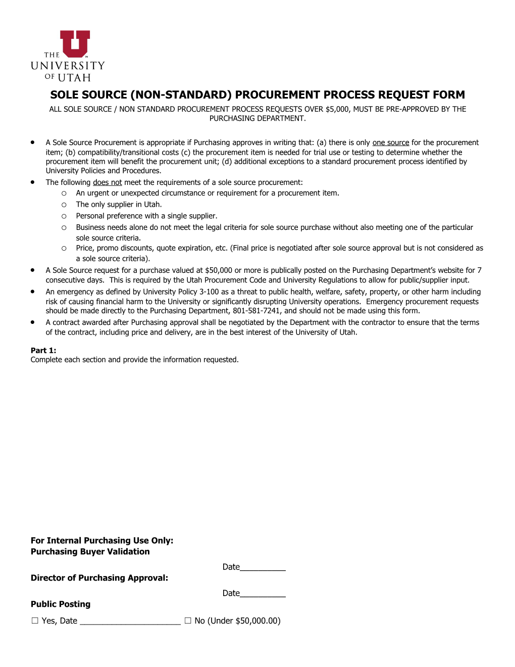 Sole Source (Non-Standard) Procurement Process Request Form