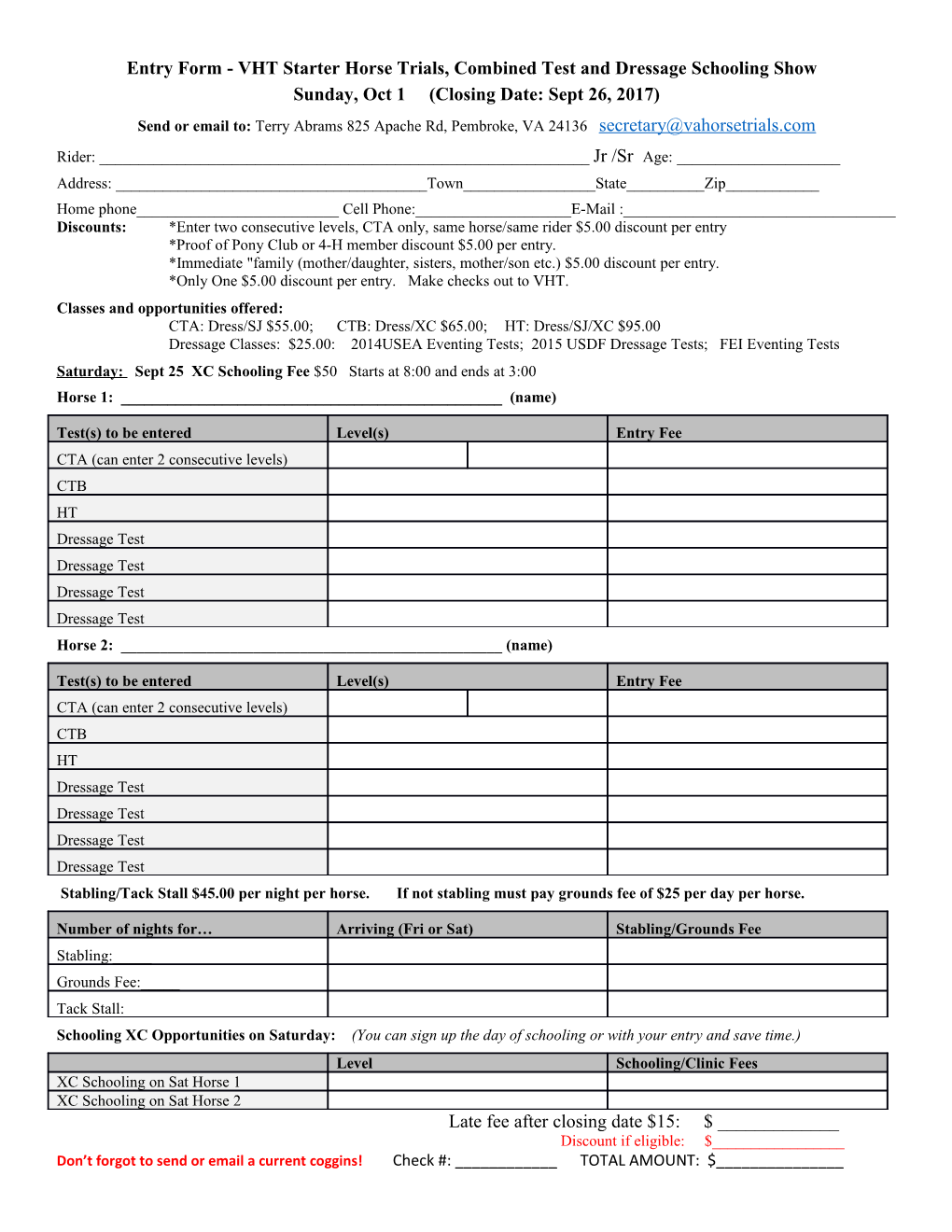 Entry Form - VHT Starter Horse Trials, Combined Test and Dressage Schooling Show