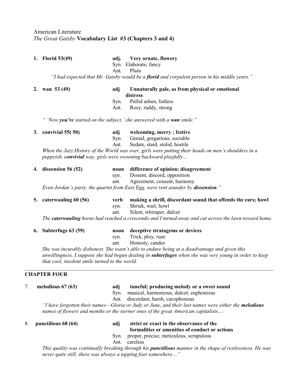 The Great Gatsby Vocabulary List #3 (Chapters 3 and 4)