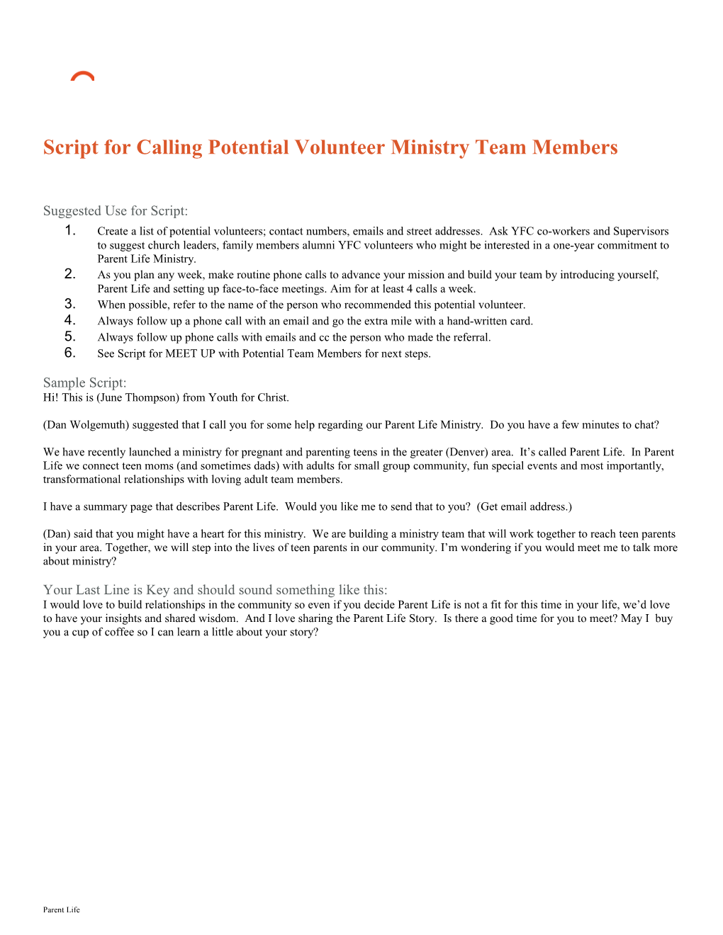 Script for Calling Potential Volunteer Ministry Team Members